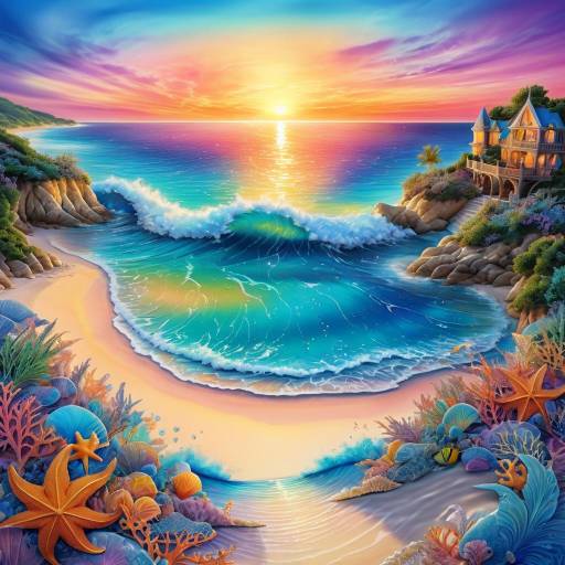Fantasy Beach Sunset with Magical Sea Creatures