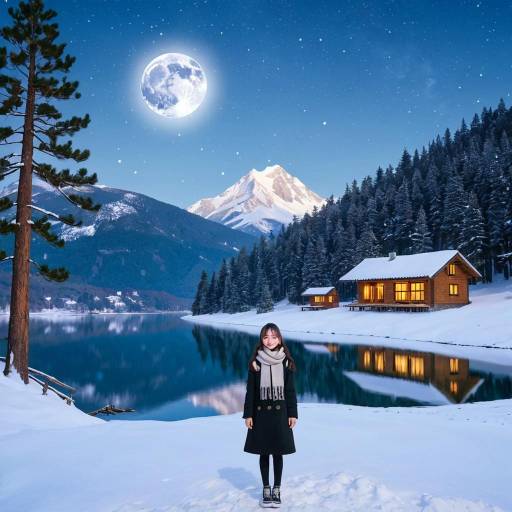 Winter Night Landscape with Girl in Snow