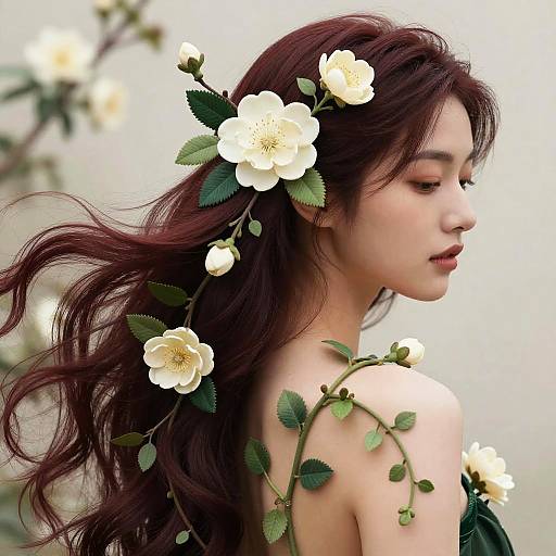 Serene Woman with Botanical Embellishments