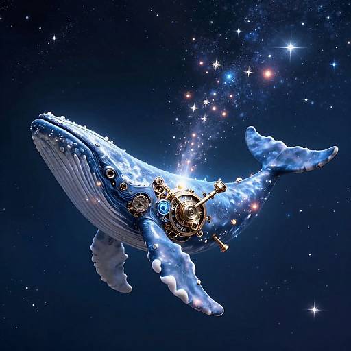 Digital artwork of a blue whale with intricate clockwork machinery, floating in a star-filled, deep-space background. Whales' tail and fins illuminated,