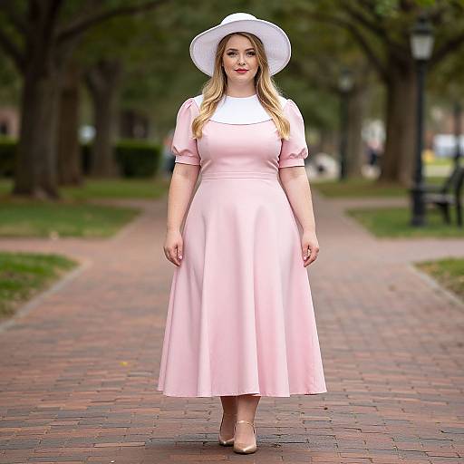 Photograph of a blonde woman in a pale pink dress and white hat, standing on a brick path in a park.