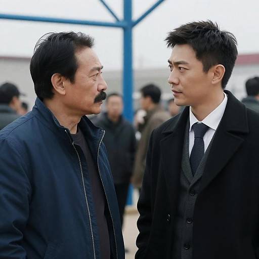 Two Asian Men Having Intense Conversation Outdoors