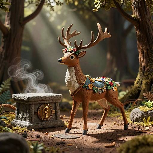 Digital illustration of a whimsical, brown reindeer with antlers adorned with flowers, standing in a sunlit forest, next to a steaming,