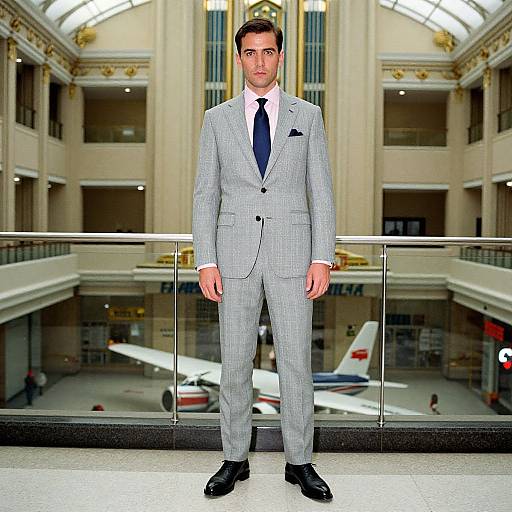 Photograph of a handsome man in a light gray suit, white shirt, and navy tie, standing in an elegant, grand airport terminal with an airplane