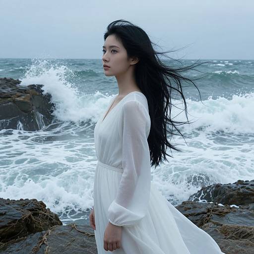 Photograph of an Asian woman with long black hair, wearing a sheer white dress, standing on rocky shore with ocean waves crashing behind her.