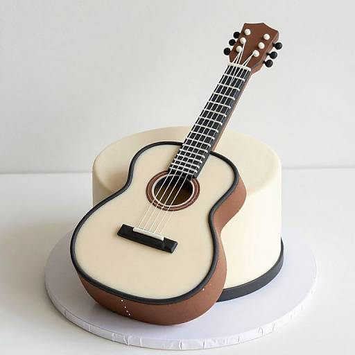 Photograph of a realistic, cake-decorated acoustic guitar with a white body, brown edges, black strings, and bridge, resting on a white