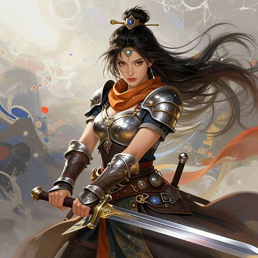 Digital painting of a fierce, armored warrior woman with long black hair, blue gem forehead jewel, holding a sword, orange scarf, intense expression, dynamic