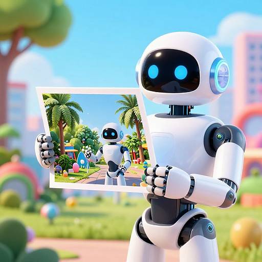 CGI image of a white, humanoid robot with blue glowing eyes holding a photo of another robot in a colorful, sunny park.