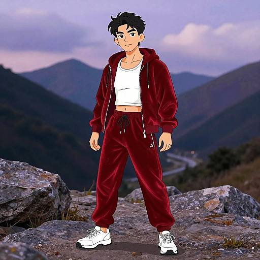 Young Male Runner in Red Velvet Tracksuit