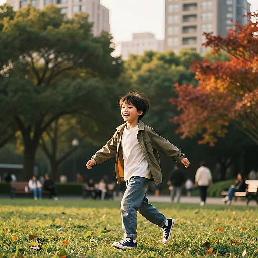 Photograph of a young Asian boy with black hair, wearing an olive jacket, white shirt, blue jeans, and black sneakers, joyfully running in