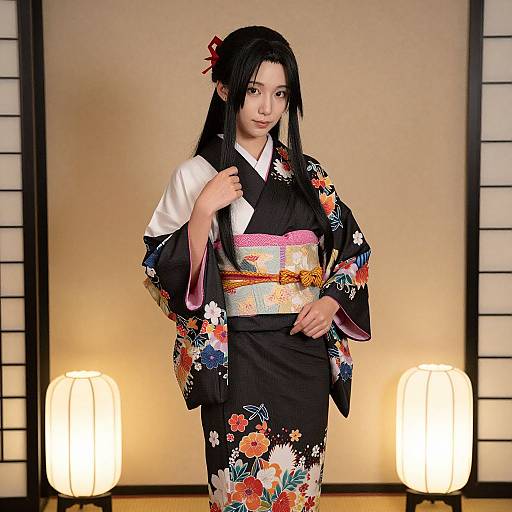 Photograph of an East Asian woman in a black floral kimono with pink and white obi, standing in a traditional Japanese room with shoji screens
