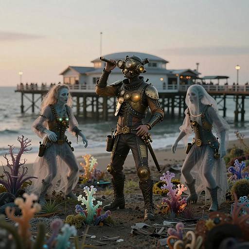 Abandoned Steampunk Pier with Bioluminescent Ghosts