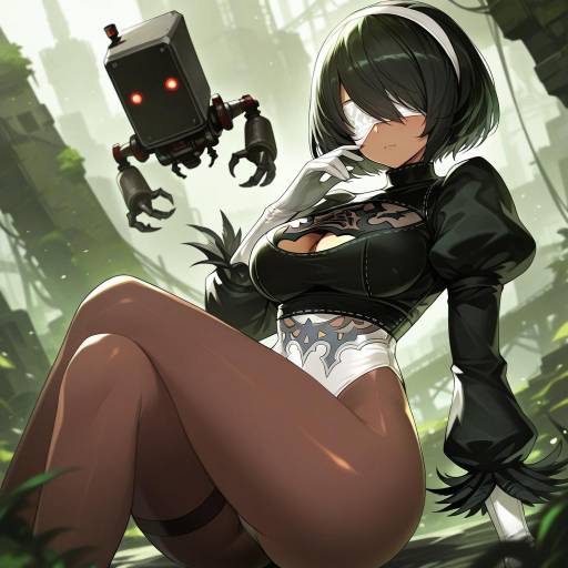 Illustration of 2p (nier:automata), nier (series) in the style of Goomrrat