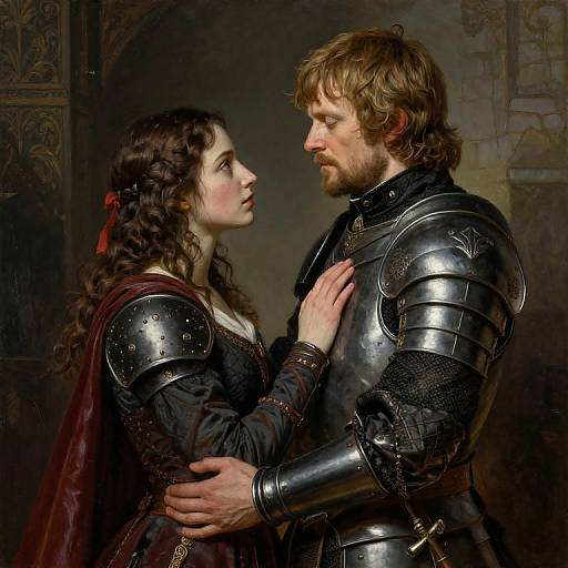 Photorealistic digital painting of a medieval couple; woman with curly brown hair and red ribbon, armored man, intimate gaze, dark background.