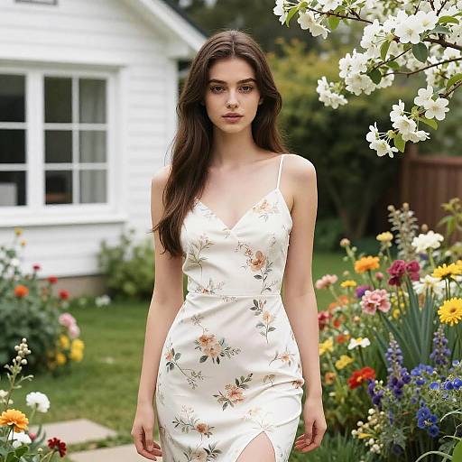 Photograph of a young woman with long dark hair, wearing a white floral dress, standing in a vibrant garden with blooming flowers, white house in