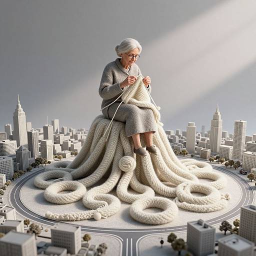 Digital art of a giant elderly woman with white hair and gray wool dress, sitting on a cityscape, surrounded by thick, white tentacles. Sun