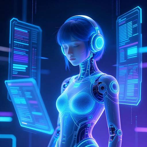 Cyberpunk CGI image of a glowing blue, futuristic, robot-human hybrid woman with short hair, wearing headphones, surrounded by neon-lit holographic