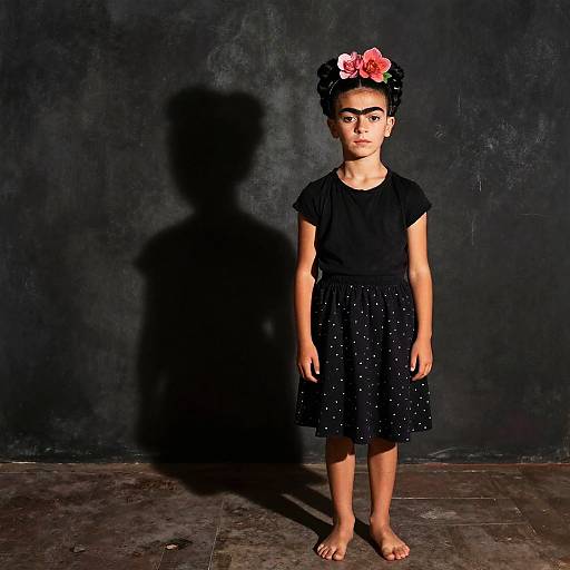 Photograph of a young girl with dark skin, black dress, and flowered headpiece, standing against a textured black wall, casting a shadow,