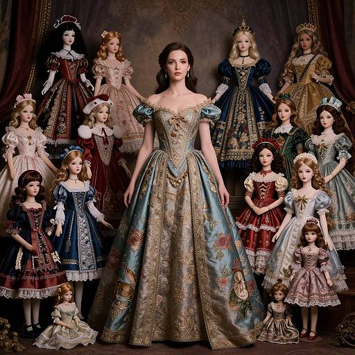 Photograph of a woman in a blue, ornate ball gown, surrounded by 15 dolls in elaborate, Victorian-style dresses, against a dark,