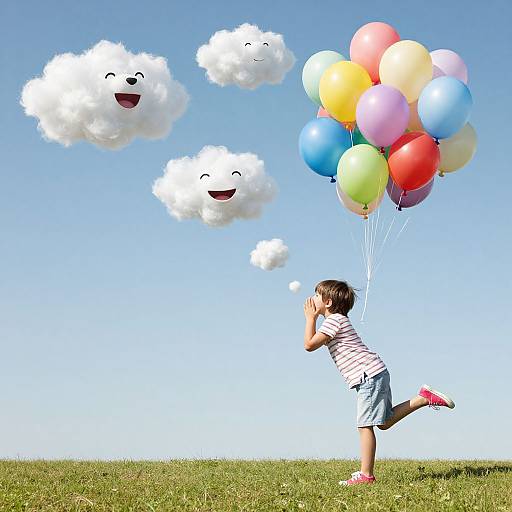Photograph of a young boy in a striped shirt and shorts, running on grass, holding colorful balloons, with smiling cloud faces floating in a clear blue