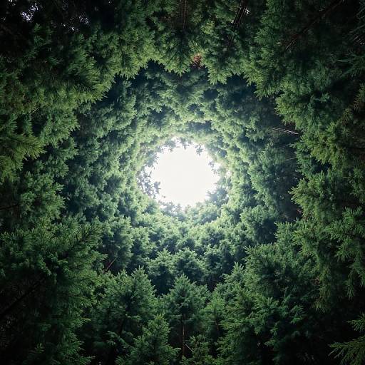 Photograph of a dense forest canopy viewed from below, creating a circular pattern of green pine trees around a bright, sunlit center.