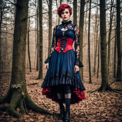 Gothic Woman in Vintage Dress in Forest