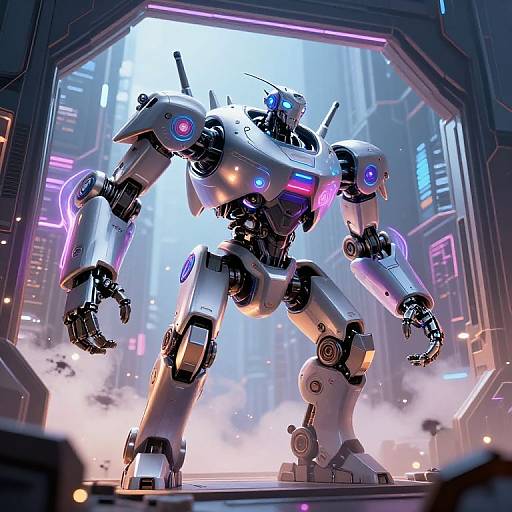 CGI image of a futuristic, white, glowing robotic warrior with blue and pink neon accents in a neon-lit, cyberpunk cityscape.
