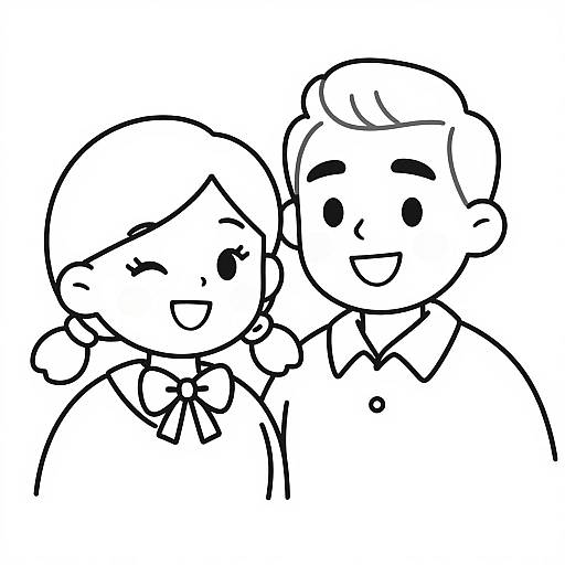 Black-and-white line drawing of a smiling girl with braided hair and a boy with short hair, both wearing collared shirts, standing close together.