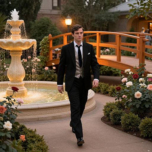Photograph of a handsome young man in a black suit, white shirt, and black tie walking past a glowing fountain in a well-manicured garden
