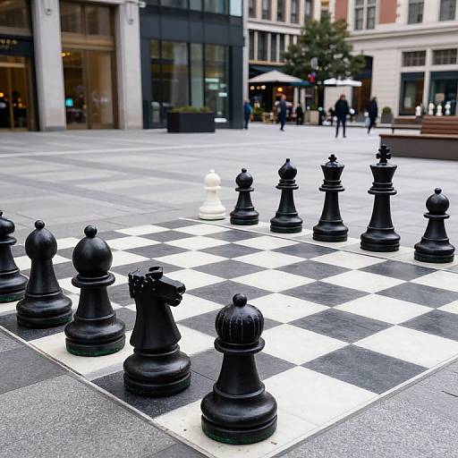 Photograph of a large black-and-white chess set on a city square, with oversized black and white pieces in play. Urban buildings and pedestrians in the