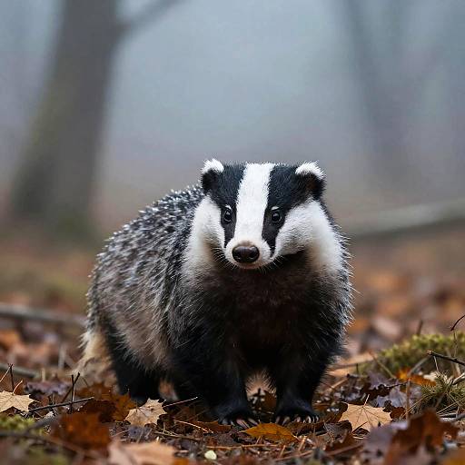 Striped Badger in Misty Autumn Woods