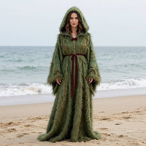 Photograph of a woman in a long, green, fur hooded robe standing on a sandy beach with the ocean in the background.