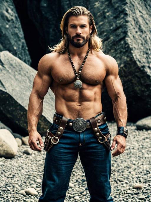 Muscular Blonde Man in Necklace and Leather Belt