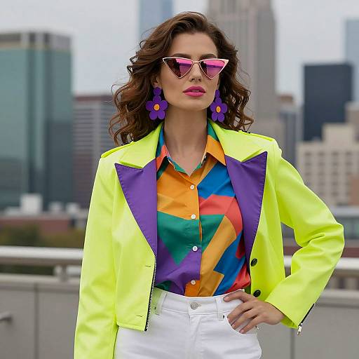 Stylish woman in neon jacket with city skyline