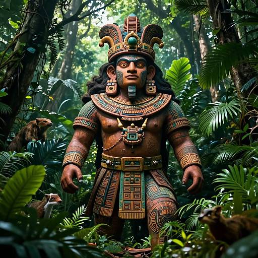 Photorealistic CGI of a statuesque, adorned indigenous warrior in a dense jungle, wearing intricate, colorful headdress and armor, surrounded by lush green