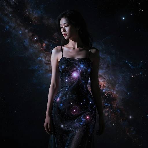 Photograph of an Asian woman with long black hair, wearing a black, starry galaxy dress, standing against a dark, cosmic background.