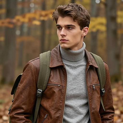 Young Man in Autumn Outfit in Forest