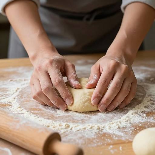 Photograph of hands rolling a dough on a flour-covered wooden surface, with a rolling pin in the blurred background.