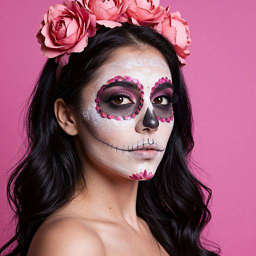 Photograph of a woman with long black hair, wearing a pink flower crown, white sugar skull makeup with pink accents, against a bright pink background.