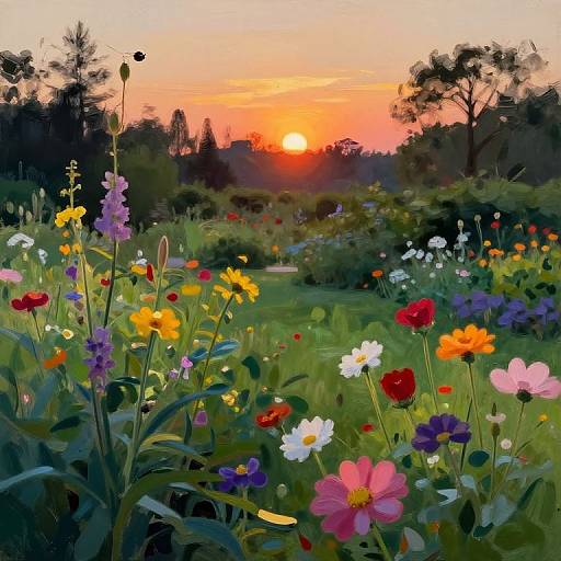 Vibrant digital painting of a sunset garden with colorful wildflowers, including red, yellow, pink, and white blooms, set against a silhou