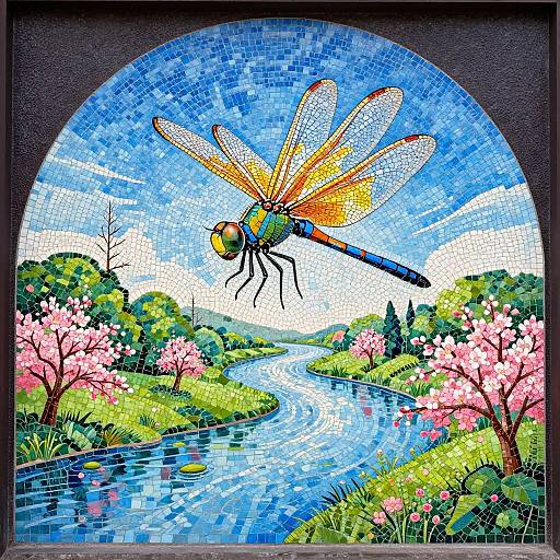 Vivid mosaic artwork of a colorful dragonfly with translucent wings flying over a bright blue river, surrounded by pink cherry blossoms and green hills under a