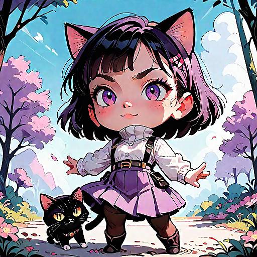 Chibi-style anime drawing of a cute girl with cat ears, purple eyes, black bob hair, white blouse, purple skirt, and black cat by