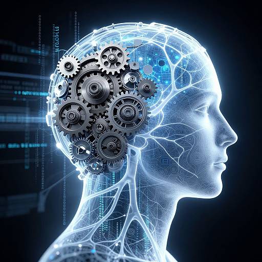 Digital illustration of a transparent human head profile, featuring intricate blue and black gear mechanisms inside the brain, set against a dark, technology-themed background.