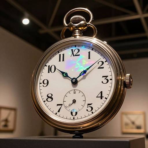 Photograph of a vintage, silver pocket watch with black numerals, blue and black hands, and a small subdial, displayed in an art