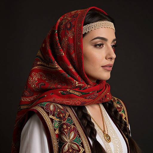 Photograph of a South Asian woman in profile, wearing a red embroidered hijab, gold headpiece, white shirt, and intricate jewelry, against a