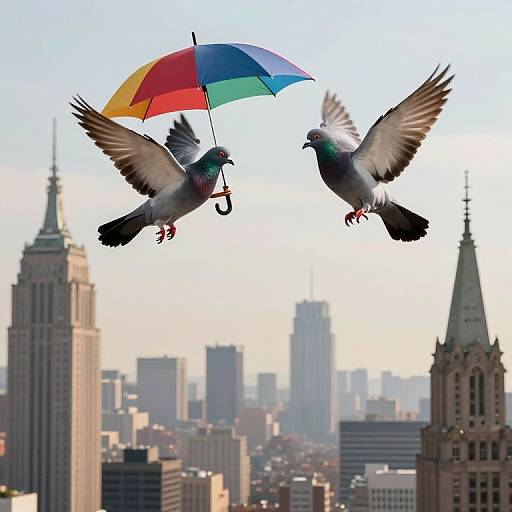 Photograph: Two pigeons mid-flight in a cityscape, one holding a colorful umbrella, against a backdrop of tall skyscrapers and a clear