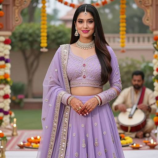 Photograph of a beautiful Indian bride in a lavender lehenga with silver embroidery, standing in a decorated outdoor wedding setup. Male musician in background.