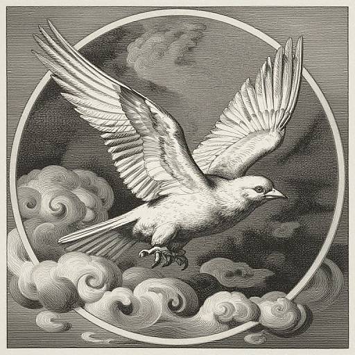 Ink drawing of a white dove with outstretched wings flying above swirling clouds within a circular frame, in black and white.