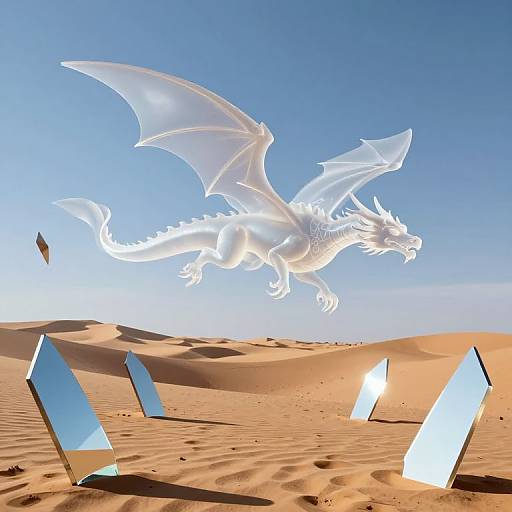 Digital illustration of a glowing white dragon flying above a desert with reflective blue crystal shards scattered on the sand.