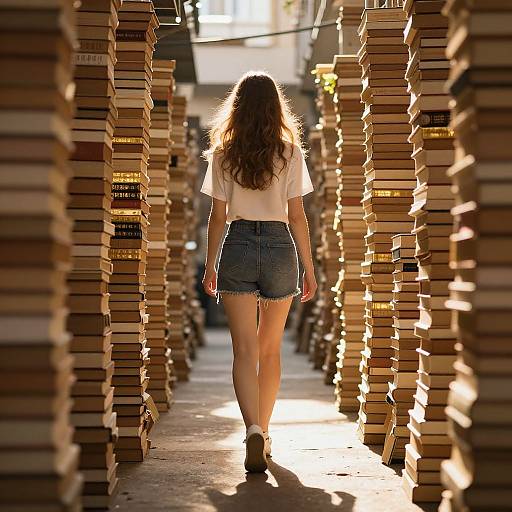 Photograph of a woman with long brown hair, white blouse, and denim shorts, walking through a sunlit, narrow aisle of stacked books.